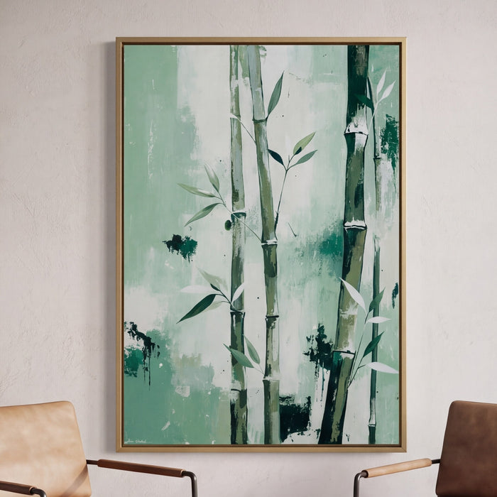 Between the Stems original bamboo painting by Noam Shaked featuring abstract bamboo stems in soft green, mint, white and black tones