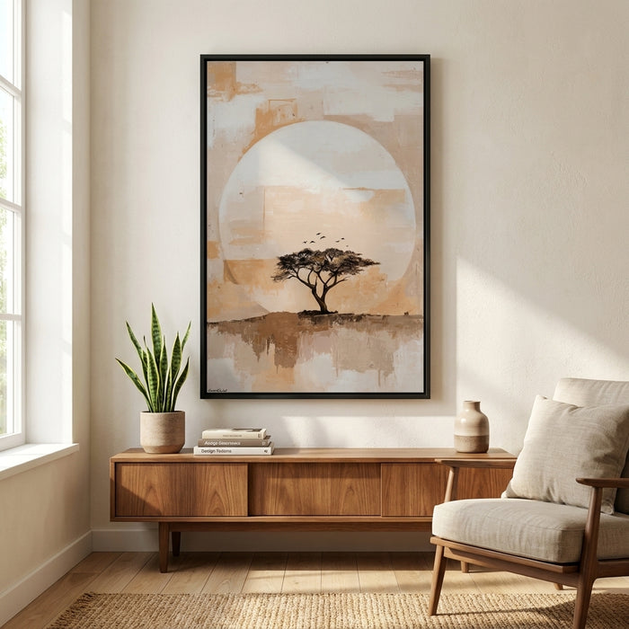 Horizon original tree landscape painting by Noam Shaked featuring a solitary tree in warm beige, brown and earthy tones, art print