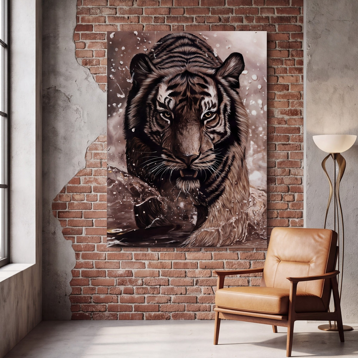 Instinct original tiger painting by Noam Shaked featuring a powerful tiger emerging through dark water in black and brown tones