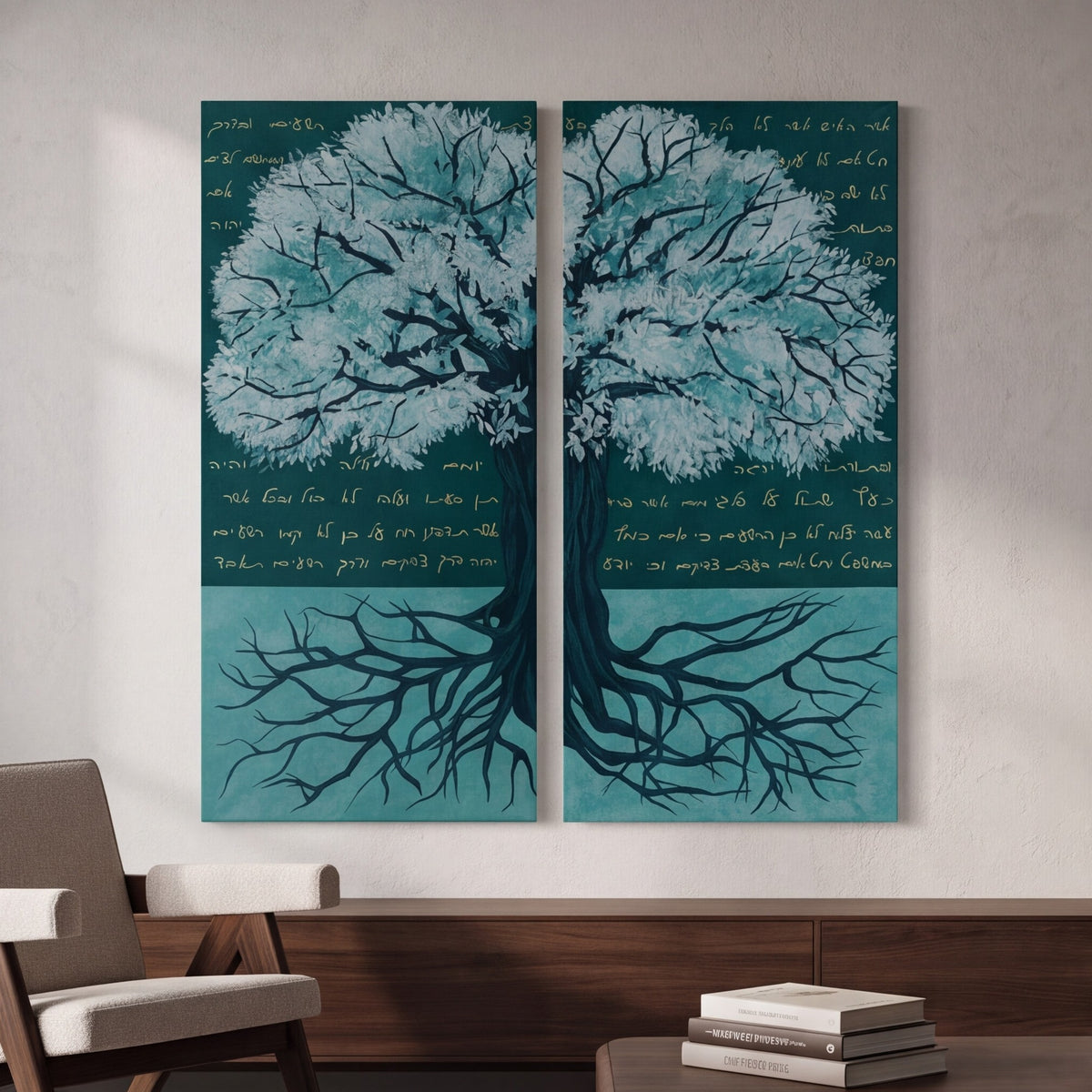 Psalm 1:3 original two-piece tree painting featuring a large tree with roots, Hebrew text and turquoise blue tones