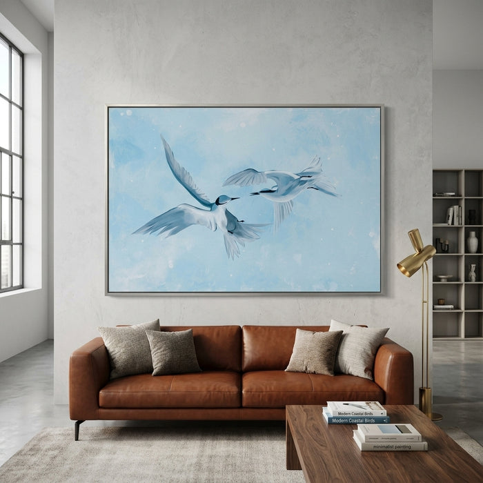 The Birds’ Kiss original bird painting by Noam Shaked featuring two birds in flight against a soft blue sky