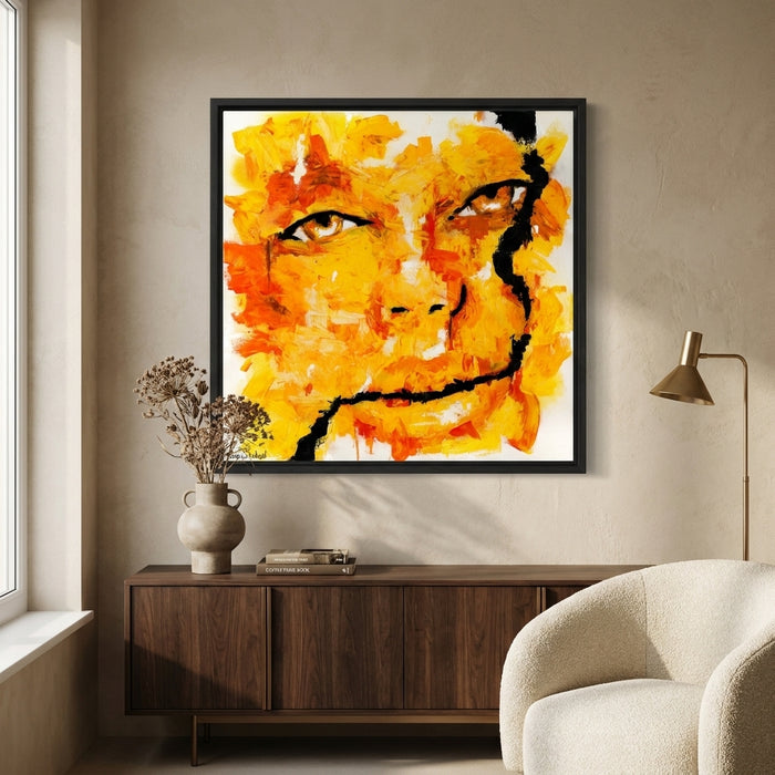 Unspoken original abstract portrait painting by Noam Shaked in vibrant yellow, orange and black, displayed in a modern interior