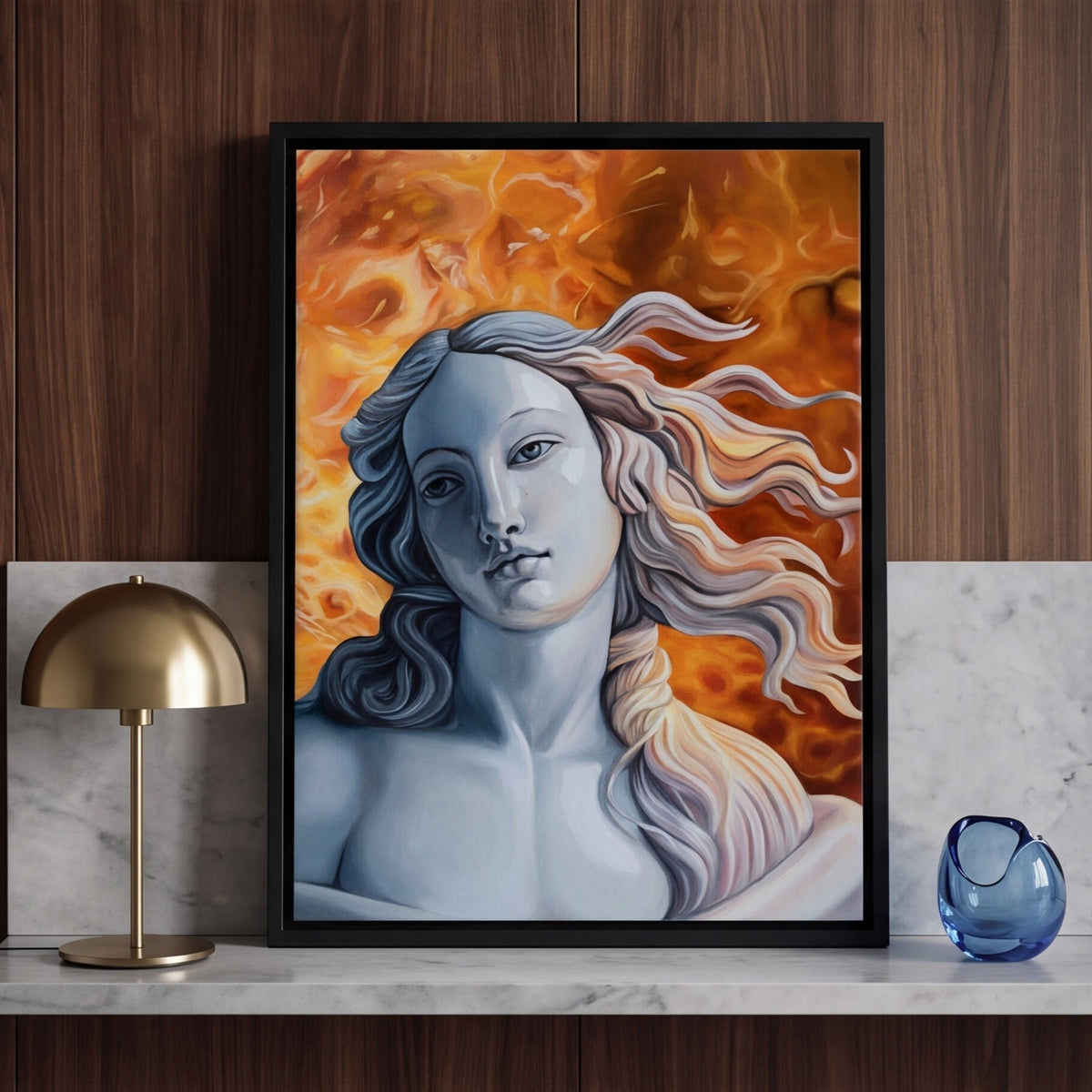 Venus original portrait painting by Noam Shaked inspired by the Roman goddess of love and beauty in blue and orange